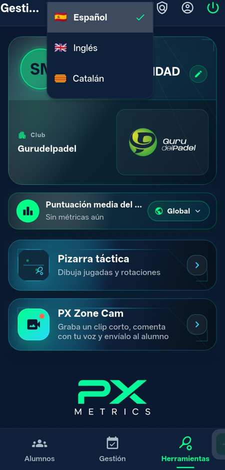 Herramientas de gestión, pizarra táctica y PX Zone Cam en PxMetrics