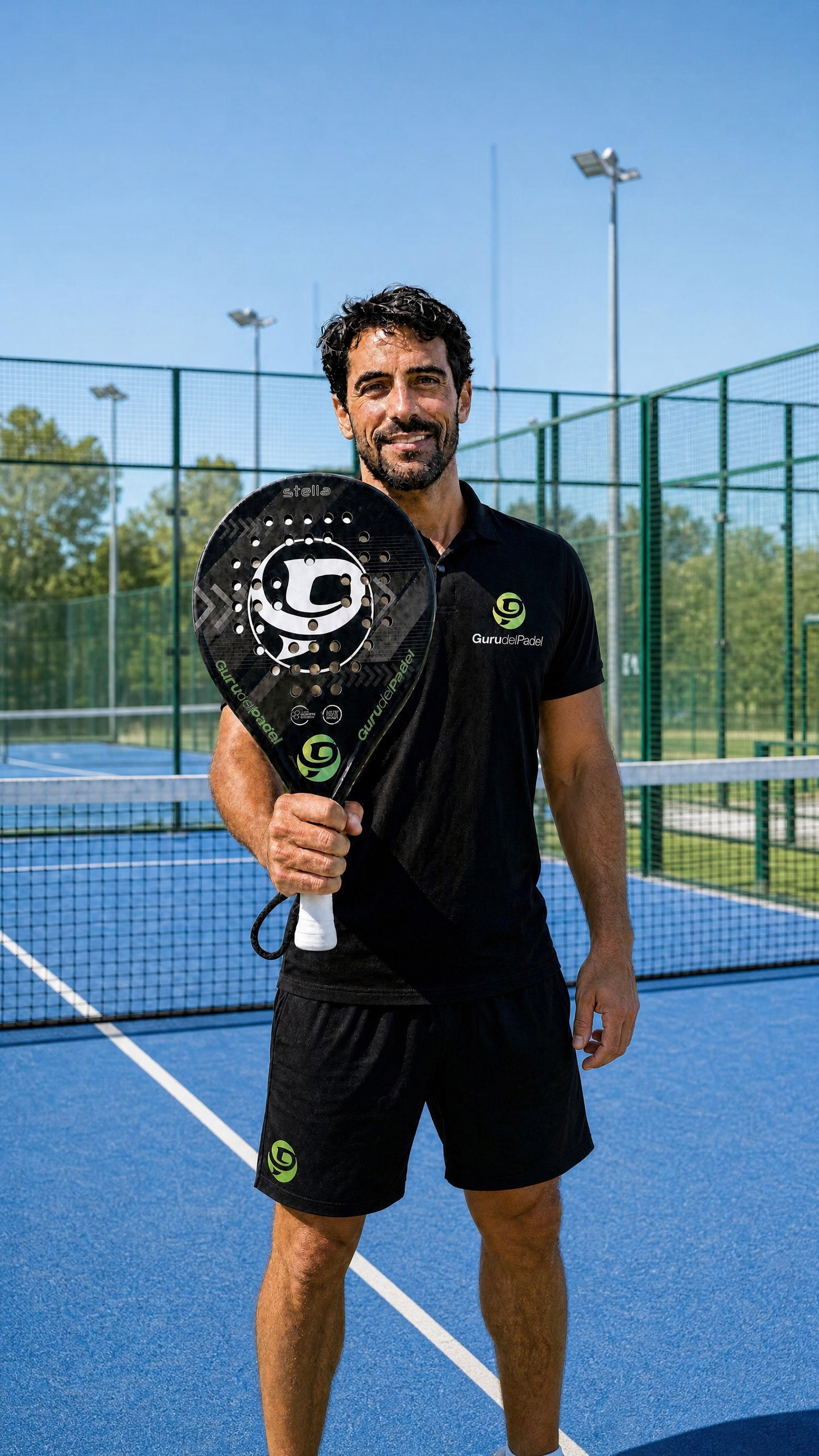 Monitor GurudelPadel con la pala Stella en una pista de pádel